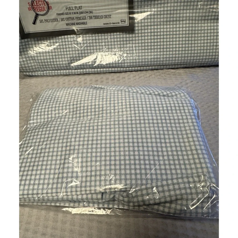 VTG Wamsutta Supercale Plus Full Flat Sheet‎ 2 Pillowcases BLUE Gingham Sealed